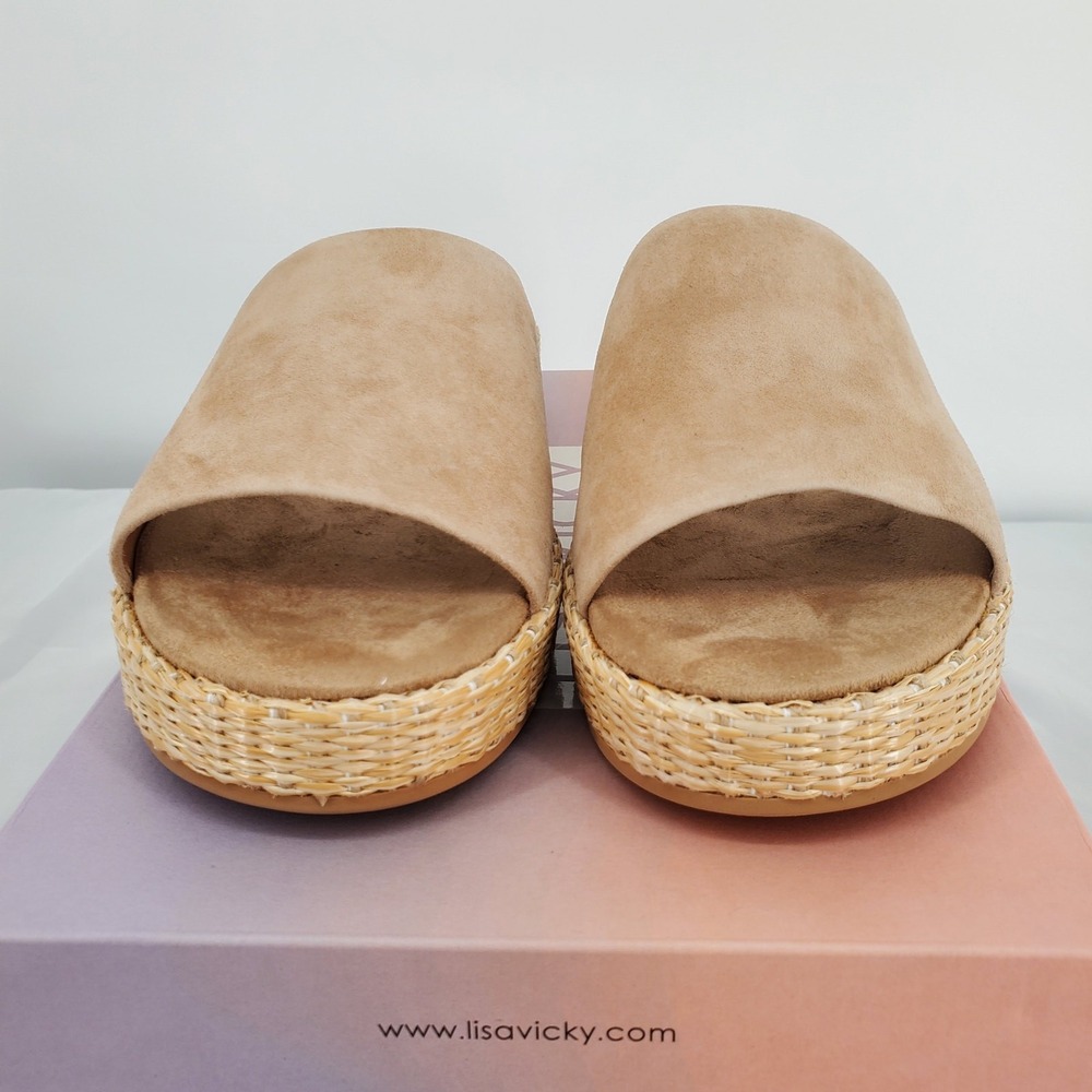 Lisa Vicky Tan Suede Platform Slide Sandals Woven Raffia Midsole Womens 8 New - Picture 5 of 10